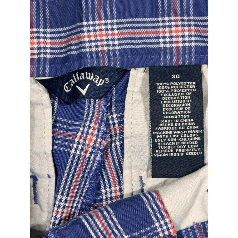 Callaway Golf Men’s Blue Plaid Flat Front Shorts 30 Pockets Belt Loops Logo